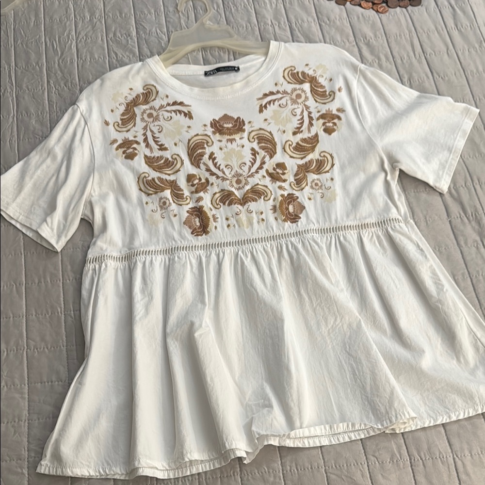 Zara White and Tan Embellished Peplum Blouse